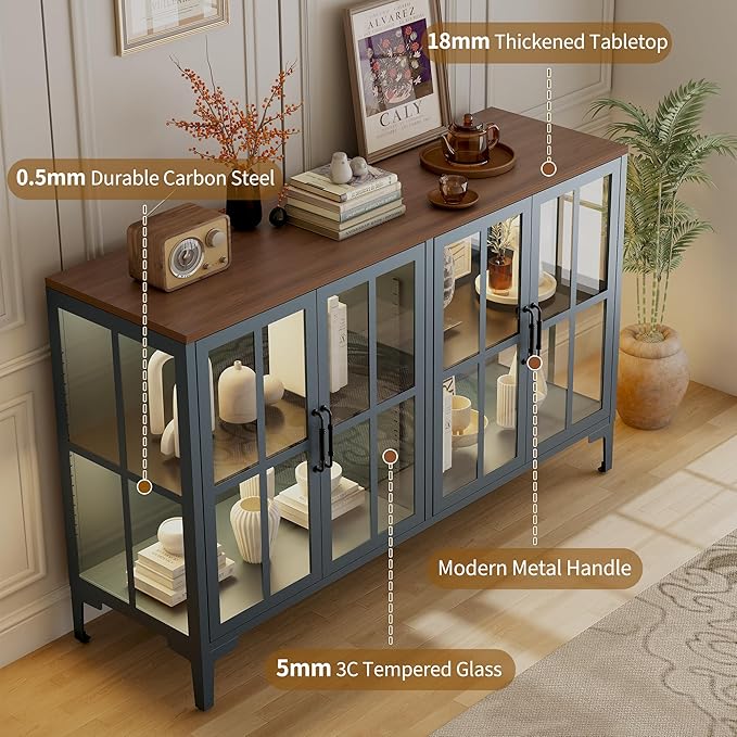 53" 3-Sided Glass Sideboard Buffet Cabinet with COB Lights, Adjustable Shelves, Modern Metal-Wood Buffet Table with Storage, Glass Display Cabinet for Coffee Bar Dining Room Kitchen, Blue