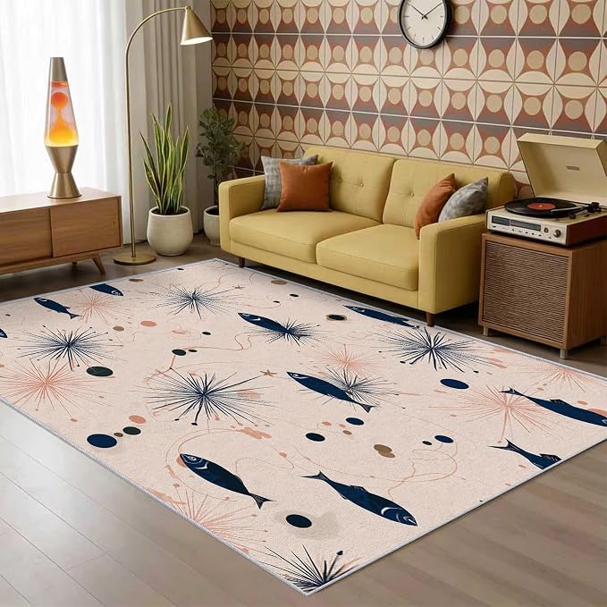 Mid Century Modern Rug Large 7x10 Starburst Atomic Fish Retro Pattern Area Rugs for Living Room, Bedroom, Mid Century Modern Home Decor Accessories Indoor Carpet, Non Slip & Machine Washable