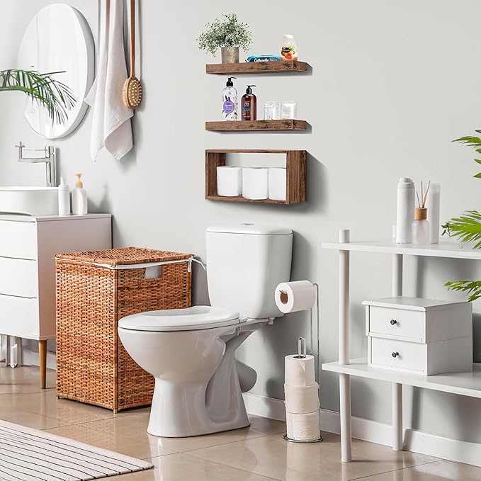 Sorbus Floating Shelves for Wall Set of 3 - Bathroom Shelves for Wall Storage, Over Toilet, Bedroom, Farmhouse, Decor - 2 Floating Shelves with Invisible Brackets & 1 Rectangular Box, Mahogany