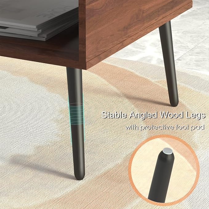 HAIOOU Coffee Table, Mid Century Modern Center Table for Living Room with Storage, Walnut Tea Table with Drawer, Open Storage Shelf, Floor-Anti-Scratching Pine Leg for Home, Office(Dark Brown)