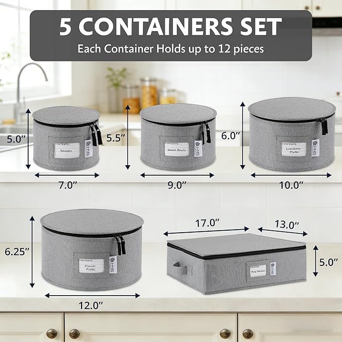 China Storage Hard Shell Containers 5-Piece Set Moving Boxes for Dinnerware, Glasses, Plates, Mugs and Saucers Sturdy Dish Organizer with Dividers for Seasonal Storage - Service for 12 - Gray