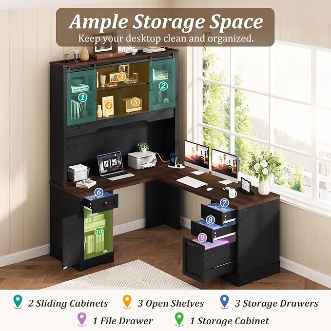 Squireewo 68.9'' Farmhouse L Shaped Desk with Hutch and Drawers, 76" High Wood Executive Home Office Desk with Charging Station, File Drawer and Cabinet, Computer Corner Desk with Sliding Doors, Black