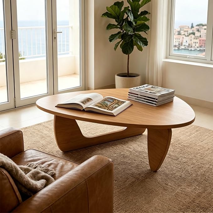Solid Wood Coffee Table, Mid-Century Modern Triangle Center Table for Living Room, Irregular Natural Wood Tea Table, Fingerprint-Free & Shatterproof, 35.4" L x 22.8" W x 16.5" H