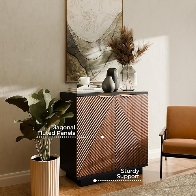 Walsham Buffet Cabinet Sideboard, 94.5" Fluted Accent Storage Cabinet with Doors and Shelves, Credenza Cupboard Console for Living Room Kitchen Hallway, Walnut