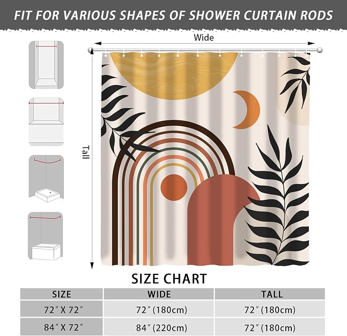 Mid Century Abstract Boho Aesthetic Shower Curtain Set, Green Nature Leaf Sun Modern Minimalist Home Bathroom Curtain Decor with 12 Hooks 72 Inch Wide * 84 Inch High