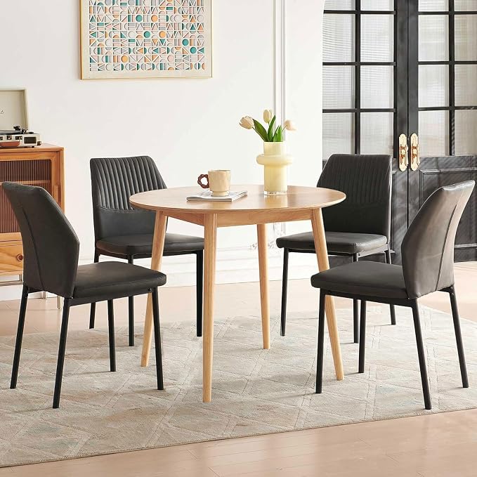 Small Dining Table Set for 4, Modern Round Dining Table with 4 PU Leather Dining Chairs in Metal Legs, Breakfast Nook for Compact Spaces, Dark Grey