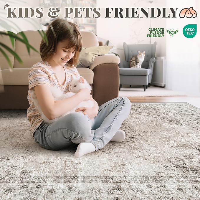 Area Rug 6x9 Vintage Rug: Washable Indoor Medallion Rugs Low Pile Distressed Floor Carpet Retro Accent Rug for Living Room Bedroom Kitchen Dining Table Home Office(Distressed Taupe, 6'x9')