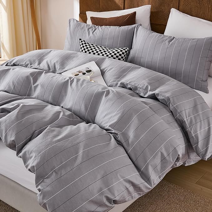 Merryword 100% Cotton Stripe Duvet Cover Set King Size - Gray Striped Duvet Cover Set with Zipper Closure & 8 Corner Ties, Modern Minimalist Wide Stripe Bedding Set for Cozy Elegant Bedroom
