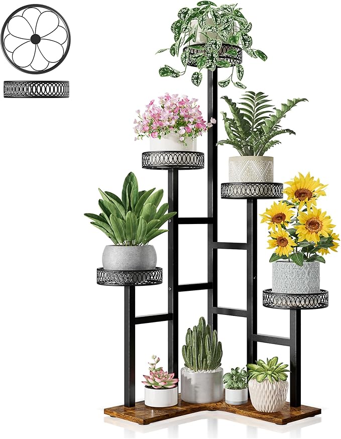Black Wood Stand Plants, 5 Tiered Corner Metal Plant Stands Tall Indoor,Heavy Duty Flower Pot Stands for Multiple Plants,Decoration Display Racks for Patio Garden -BlackFlower
