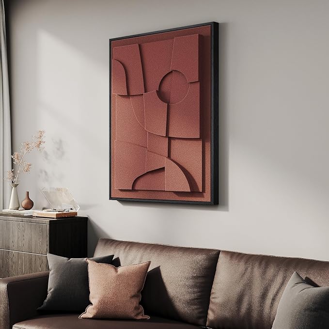 Framed 3D Abstract Wall Art, Red Textured Paintings Artwork for Walls, Modern Minimalist Geometric Wall Decor for Living Room Bedroom Dining Room Hallway Entryway Office 24x36 Inch