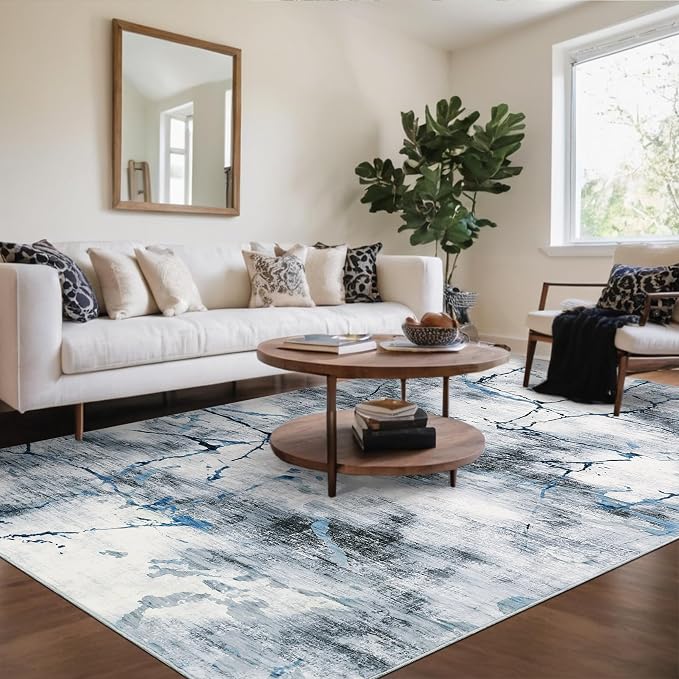 Area Rug 6x9 Washable Modern Abstract Rug for Living Room Water Ink Abstract Small Accent Carpets Low Pile Soft Bedroom Floor Covers Non Shedding Office Carpet Mat for Porch Kitchen， Blue