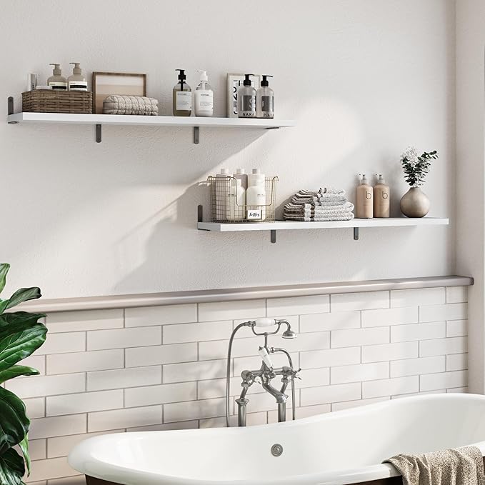 Marsmiles Extra Wide Floating Shelves for Wall, 40x8 Inch Natural Wood Grain Bookshelves, Heavy Duty Mounted Shelving for Bathroom, Kitchen, Living Room, Bedroom,Set of 2，White