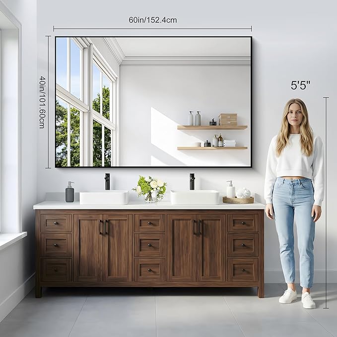 Black Bathroom Mirror for Wall, 60x40 Inch Rectangle Mirrors with Metal Frame, Modern Vanity Wall Mirror Decor for Entryway Hangs, Bathroom Living Room Horizontal or Vertical