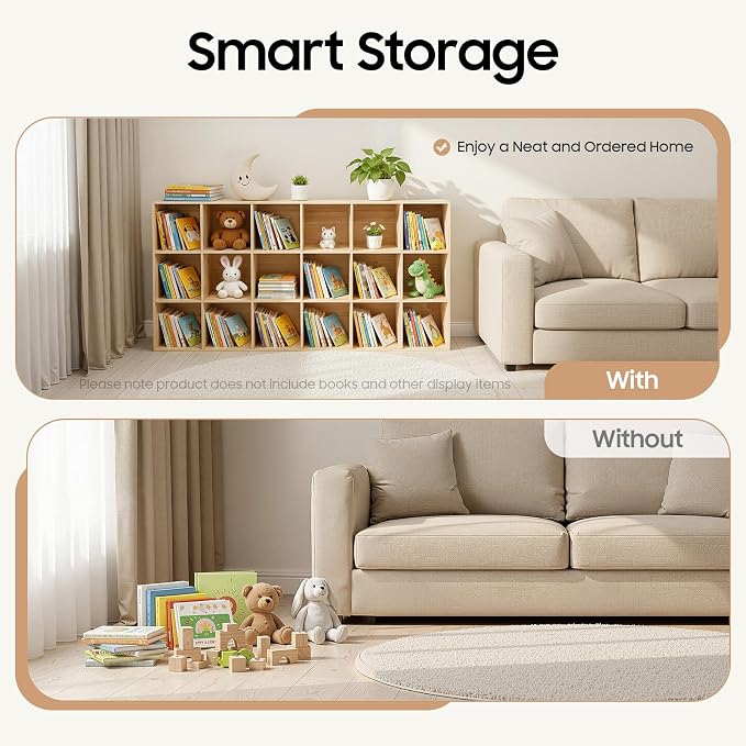 18-Cube Pine Wood Storage Organizer, Solid Wooden Bookshelf with Back Panel, 11in Shelf Opening Bookcase, Freestanding for Living Room, Bedroom, Office (70.8 x 11.8 x 35.4in)