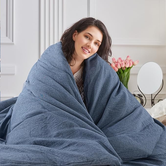 NEXHOME PRO Duvet Cover Twin 100% Washed Cotton, Heathered Blue Breathable, Durable, Textured, Linen Like, Home Bedding Set 68"x90"