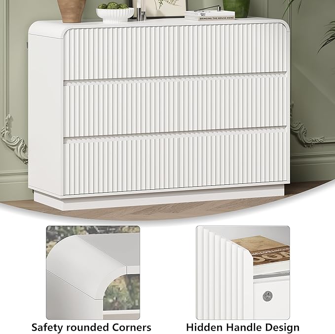 White Dresser Fluted 6 Drawers Dresser for Bedroom, 47" Wide Wood Chest of Drawers with Hidden Handles & Rounded Corners, Modern TV Stand Storage Cabinet for Living Room, Hallway, Entryway