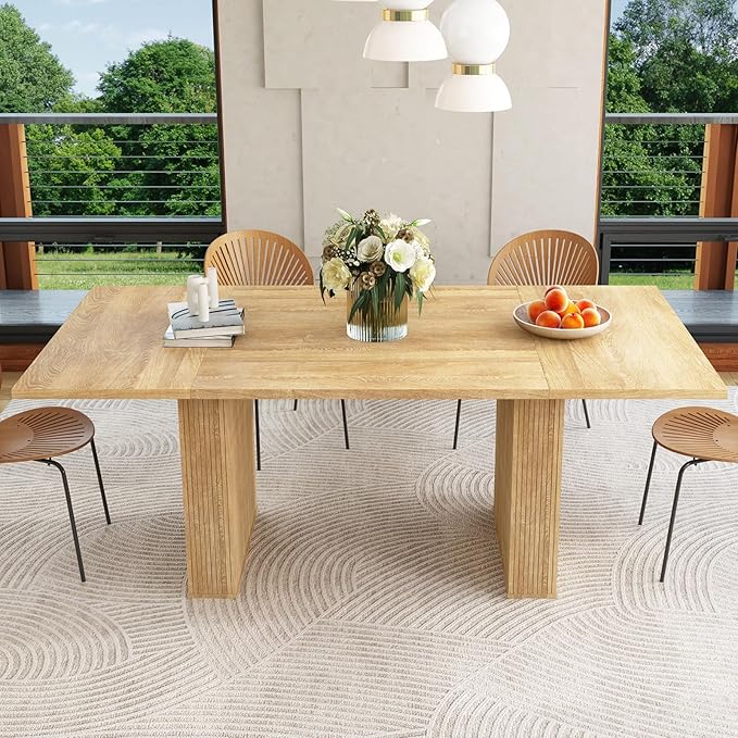78 Inch Dining Table for 6 8 10, Modern Farmhouse Rectangular Kitchen Table, Long Dining Room Tables with Wood Strip Base for Kitchen Living Room (Natural)