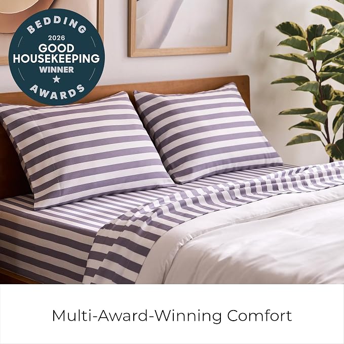Mellanni Split King Sheets Set - 5 PC Iconic Collection Bedding - Hotel Luxury, Soft, Cooling Bed Sheets - Wrinkle, Fade, Stain Resistant (Split King, Oxford Stripe Hazy Lilac)