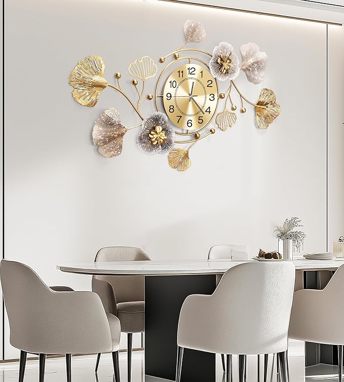 Clocks for Living Room, Large Wall Clock, 3D Silent Wall Clock, Retro Metal Ginkgo Leaf Design, for Bedroom Kitchen Decorative Wall Clocks（35''x20'' ）