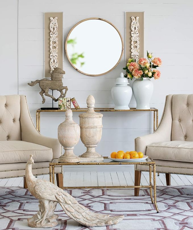 A&B Home 28'' Round Wood Mirror Natural Modern Wall Mirror Bathroom Mirror Decor Foyer Living Room Decorations