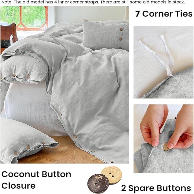Simple&Opulence 100% Linen Duvet Cover Set 3pcs with Coconut Button Closure Natural French Washed Flax Solid Color Soft Breathable Farmhouse Bedding - Light Grey, Full Size