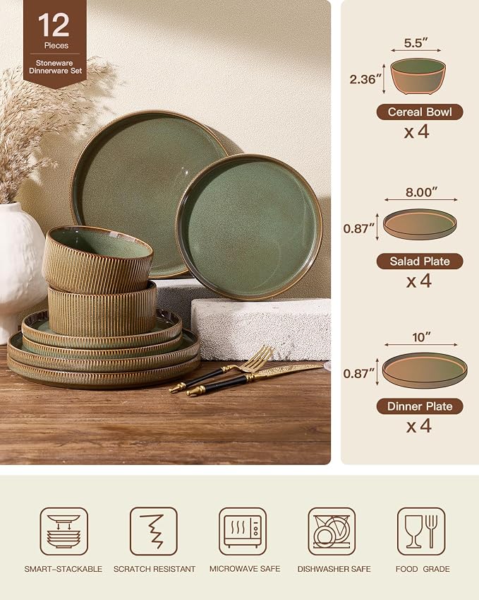 Stoneware Dinnerware Sets, Handcrafted Double Reactive Glaze Plates and Bowls for Everyday & Formal Dining, Microwave & Dishwasher Safe, Scratch Resistant Dishes Service for 4 (12-Piece), Moss
