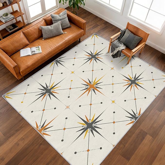Atomic Rugs for Bedroom 7x9 ft, Mid Century Modern Area Rugs for Living Room, Washable Non Slip Low Pile Starburst Carpet, Home Decor PF-P 107