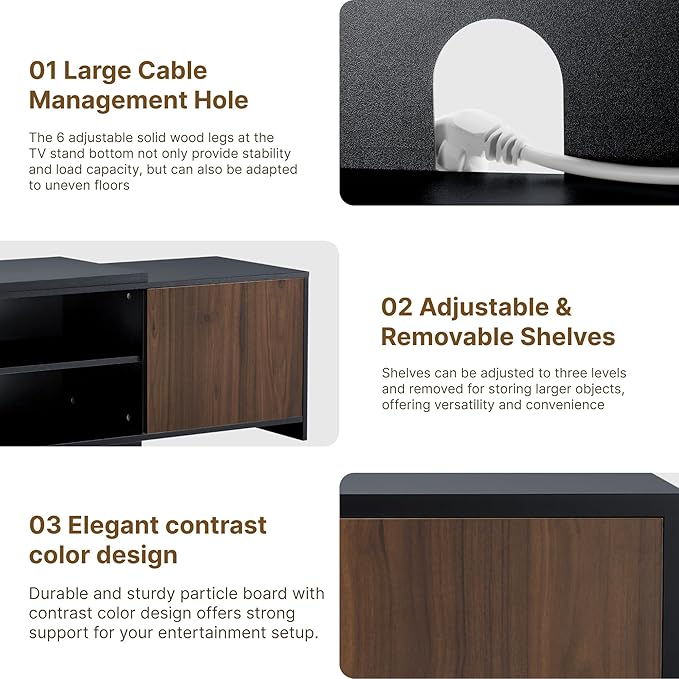 Extendable TV Stand for TVs up to 90",Modern Entertainment Center with Adjustable Shelf,Television Stand with 2 Storage Cabinets,Wooden TV Media Console for Living Room Bedroom Black
