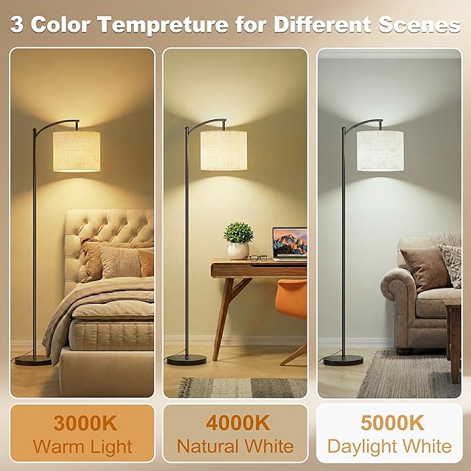 mukuxin Floor Lamp, LED Floor Lamp with Foot Switch & Adjustable Linen Lampshade, Tall Modern ARC Standing Lamps for Living Room Office Bedroom (9W Replaceable Blub)
