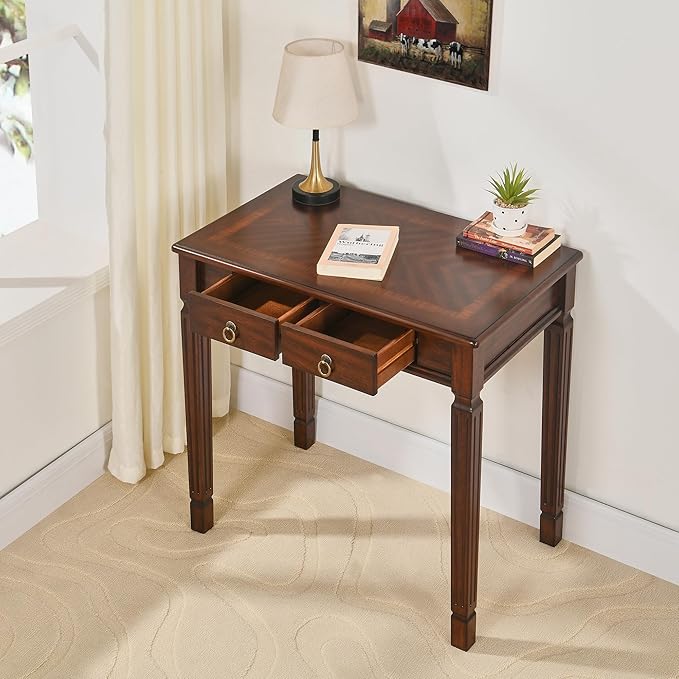 Vintage Wooden Writing Desk with 2 Drawers, Small Computer Desk Workstation 31.5in Wide Study Table for Home Office, Small Secretary Table in Cherry Walnut, SSZ-D1258