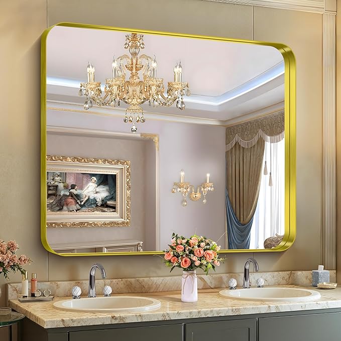 CIRCUMI Gold Bathroom Mirror, 40"x48" Rectangular Mirror with Deep Metal Frame, Rounded Corner, Tempered Glass, Large Mirror for Wall, Over 2 Sinks, Installed Vertically/Horizontally, Crystal-Clear