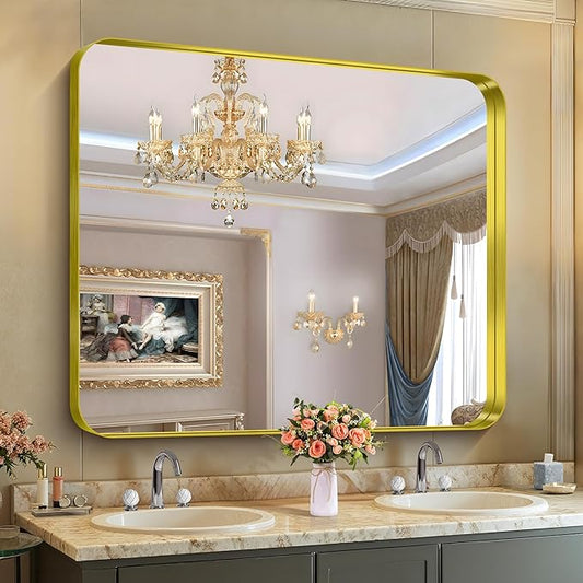 CIRCUMI Gold Bathroom Mirror, 40"x48" Rectangular Mirror with Deep Metal Frame, Rounded Corner, Tempered Glass, Large Mirror for Wall, Over 2 Sinks, Installed Vertically/Horizontally, Crystal-Clear