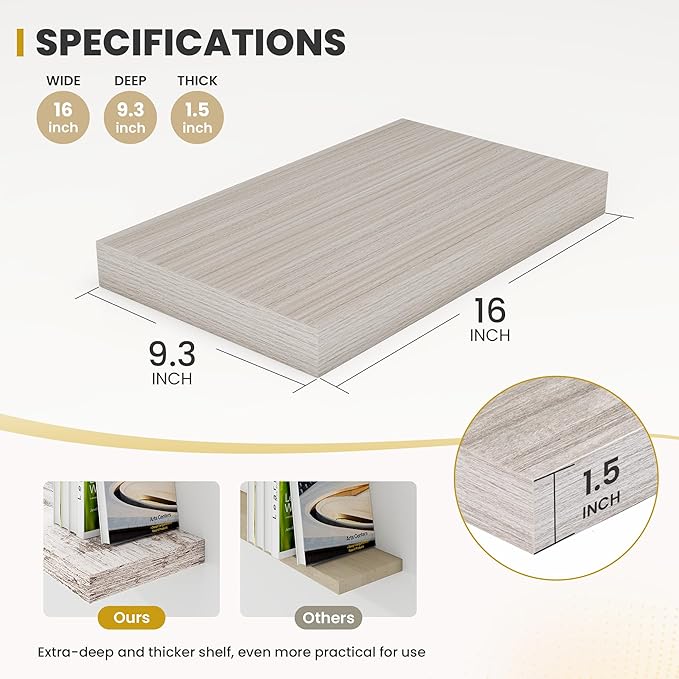 16 Inch Floating Shelves, 9.3" Deep Floating Shelf Wall Mounted, 16" Wall Shelves, Rustic Deep Bookshelf, Large Display Shelves & Storage Shelves for Bedroom, Living Room, Greige, Set of 2