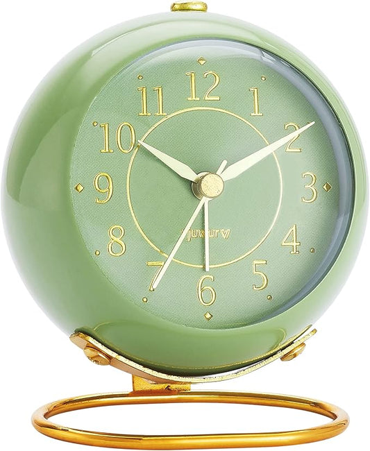 rjuwurv Metal Desk Clock, Retro Bedroom Table Vintage Analog Alarm Clock, Silent Non-Ticking Gold Clock, Bedside Décor(Olive-Green)