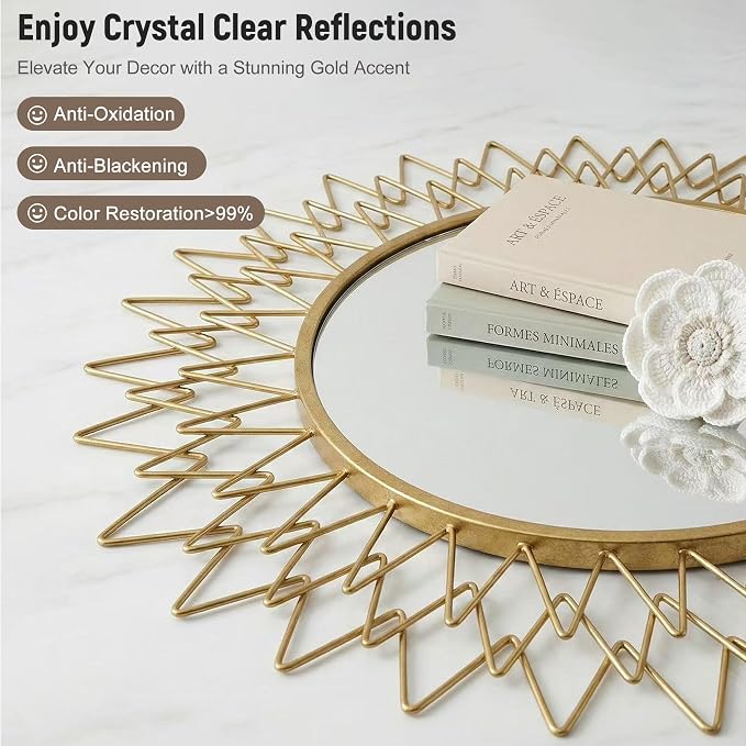 Gold Sunburst Round Wall Mirror 36", Decorative Circle Metal Frame Mirror, Large Decorative Circular Mirror for Living Room Wall Decor
