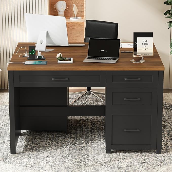 Farmhouse 47" Executive Desk with 4 Drawers, Computer Desk with File Drawer and Charging Station, Workstation for Home Office, Study.Black Brown