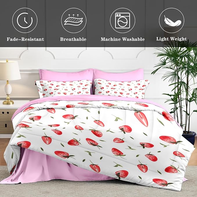 7Pcs Comforter Set King Size, Cute Red Strawberry Fruit, Bedding Decor Pink Strawberries Party Girly Bedroom Bed Set with Flat Sheet Fitted Sheet Pillowcases Shams for Kids and Adults