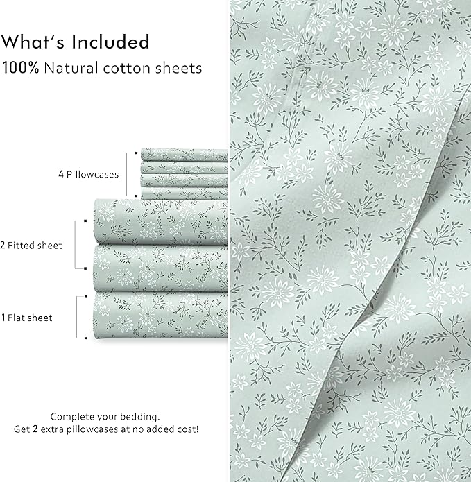 RUVANTI 100% Cotton Percale Sheets Split King Size 7 Piece Set, Cooling Bed Sheets for Hot Sleepers, Deep Pocket 16”, Breathable Lightweight & Durable, Crisp Hotel Style Sheets, Everbloom Studio