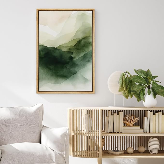 MUDECOR Framed Canvas Print Wall Art Abstract Landscape Wall Art Green Mountain Watercolor Illustrations Fine Art Mid-Century Modern Multicolor for Living Room, Bedroom, Office - 16"x24" NATURAL