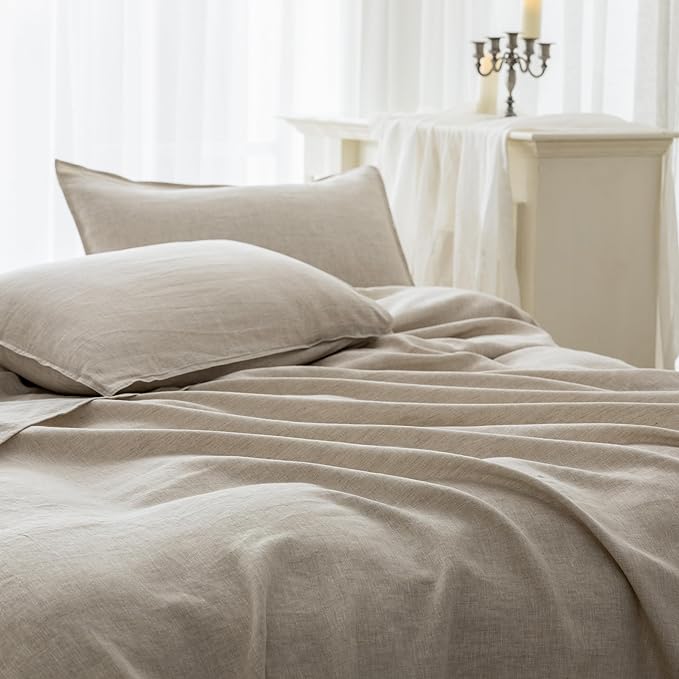 EVERLY Linen Sheets Set Full Size,100% French Stonewash Pure Linen Bed Sheets,4Pieces (1Flat Sheet,1Fitted Sheet,2Pillowcase) Suitable for Hot Sleepers,Deep Pocket Natural Bedding Set