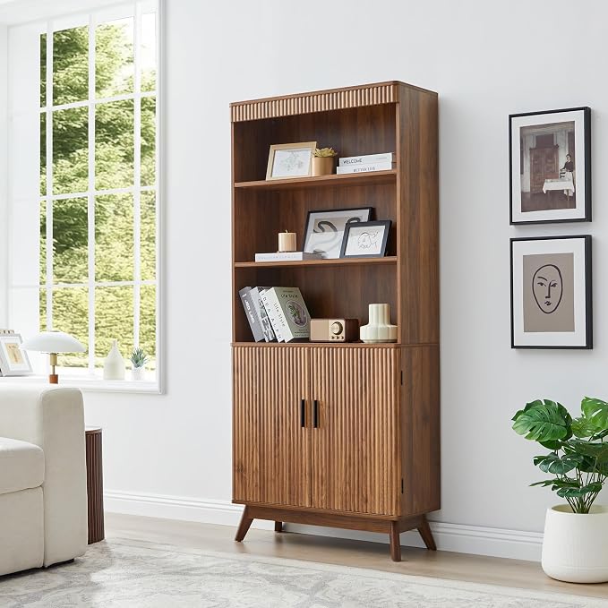 68" Fluted Tall Bookcase with Storage Cabinet,Mid-Century Modern 5-Tiers Arched Bookshelf Cabinet with Doors, Arched Bookcase with Open Display Storage Shelf for Home Office Bedroom Living Room,Walnut