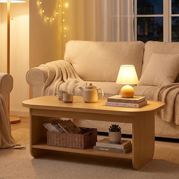 Giantex Oval Coffee Table, 47" Mid Century Modern Center Table with Storage Shelf & Round Corner, 2-Tier Accent Cocktail Tea Table, Wood Coffee Table for Living Room, Small Spaces (Natural)
