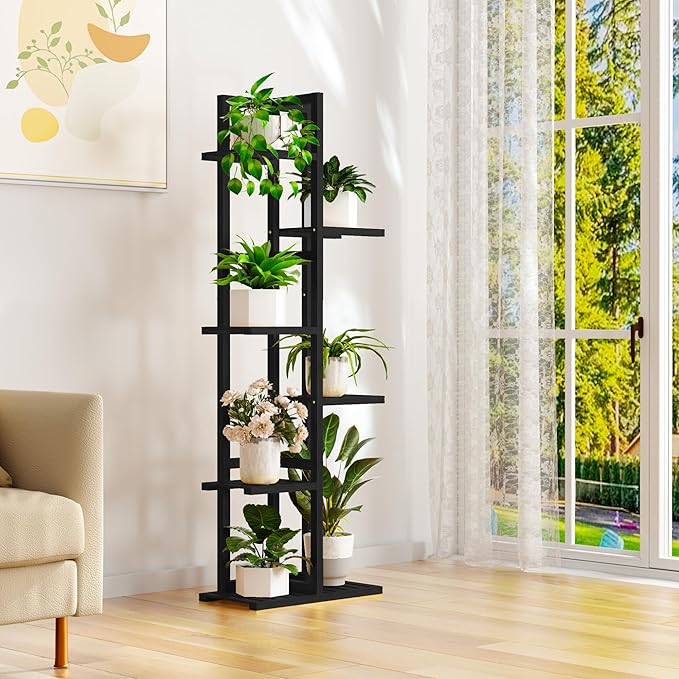 ROMGUAR CRAFT 6 Tier Bamboo Plant Stand Indoor, Wood Tall Flower Holder Corner Tiered Plant Shelf for Multiple Plants (Black)