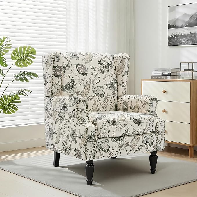 Wingback Chair, High Back Floral Accent Chair in Fabric, Comfy Upholstered Armchair with Nailhead Trim for Living Room, Single Sofa Reading Chair for Small Spaces, Bedroom-Plants Beige