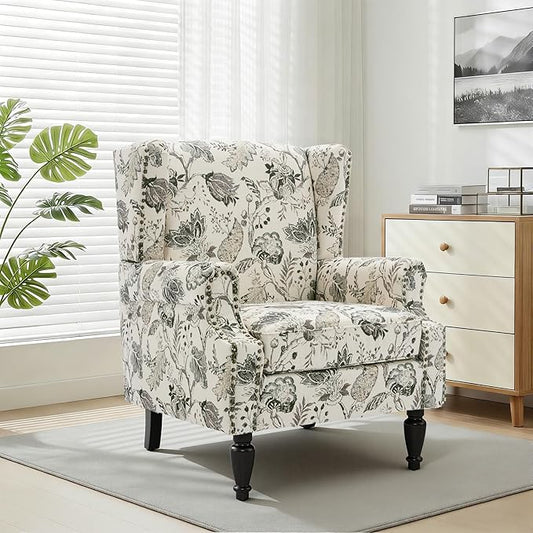 Wingback Chair, High Back Floral Accent Chair in Fabric, Comfy Upholstered Armchair with Nailhead Trim for Living Room, Single Sofa Reading Chair for Small Spaces, Bedroom-Plants Beige