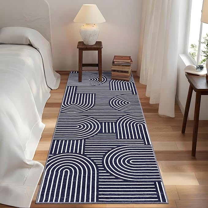 Modern Rug 2.5x8 Runners for Hallways, Abstract Kitchen Runner Rugs Non Slip Bath Runners, Rainbow Washable Runner Rug for Bedroom, Soft Long Rugs for Entryway Bathroom Laundry Dorm, Blue