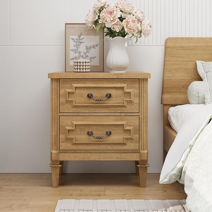 Farmhouse Nightstand wtih Vintage Surface, 30" End Table, Side Table with 2 Drawers Storage Cabinet for Bedroom, Living Room, Natural Oak