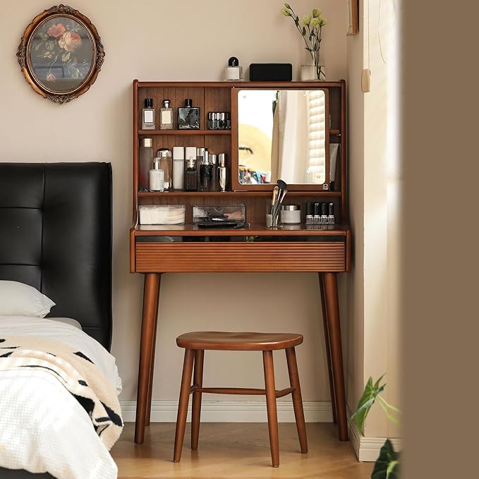 YESWOOD Small Vanity Desk with Mirror, Solid Wood Dressing Table, Movable Drawer Divider, 180° Swivel Make-up Mirror Dressing Desk for Bedroom, Teak Color, 33" D x 16.5" W x 50" H