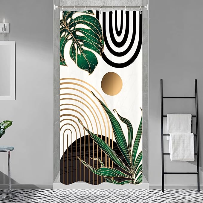 Miyotaa Stall Emerald Green Shower Curtain Set 36Wx71H Inches Abstract Small Half Minimalist Modern Tropical Leaves Geometric Aesthetic Contemporary Waterproof Bathroom Curtain with 12 Hooks