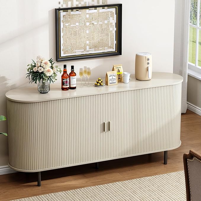 Buffet Cabinet with Storage, Fluted Sideboard Buffet with Sliding Door, Coffee Bar Cabinet with Adjustable Shelf, Console Table, Accent Table for Entryway, Kitchen (Natural White, 63 Inch)